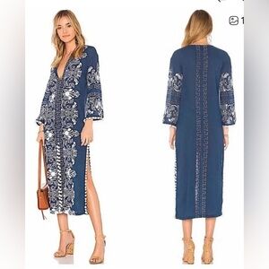 MISA Blue & White embroidered Izola Calia Pom Pom Trim tunic maxi dress-XS